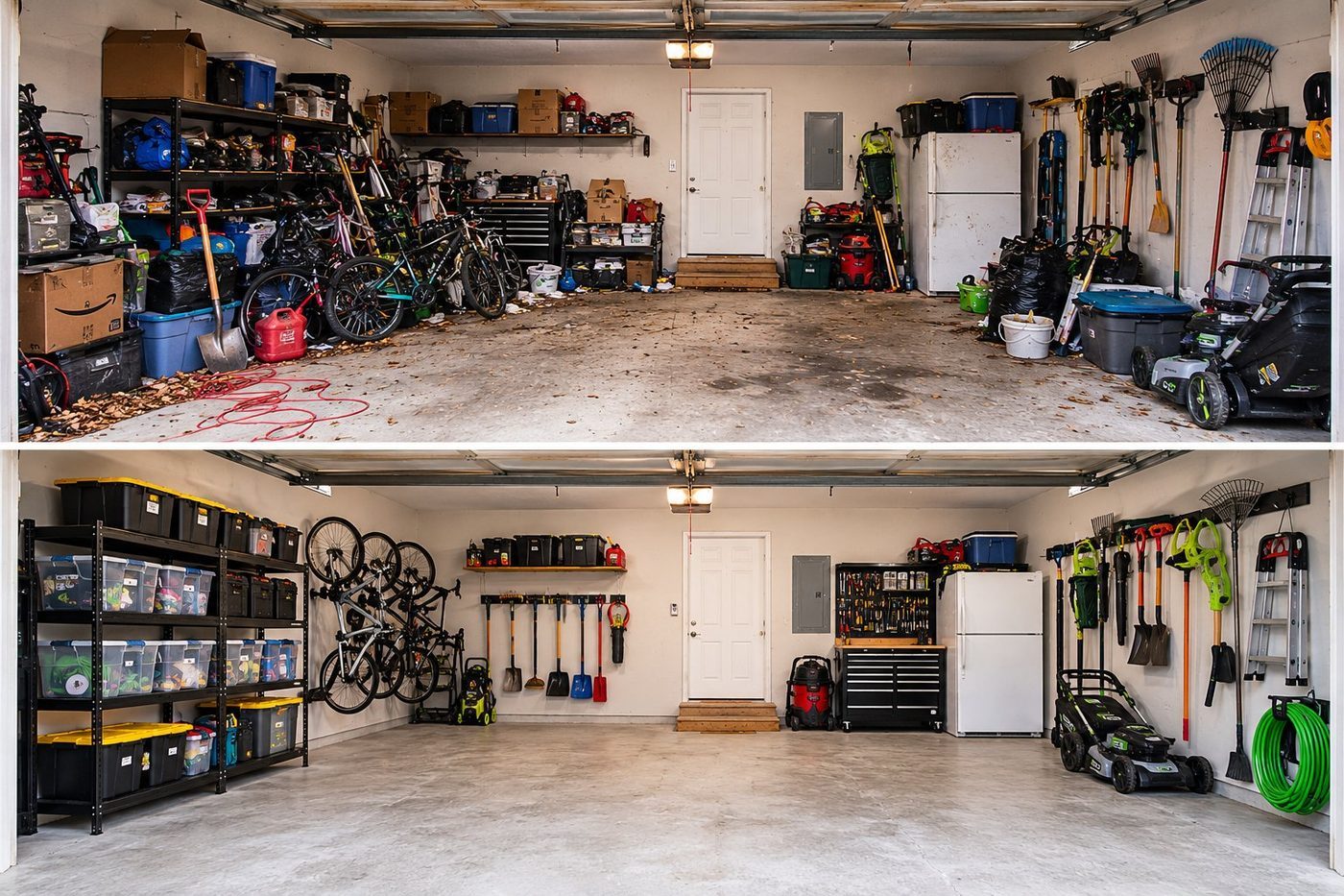 Garage cleanout and junk removal — before and after by Apex Garage & Exterior Solutions