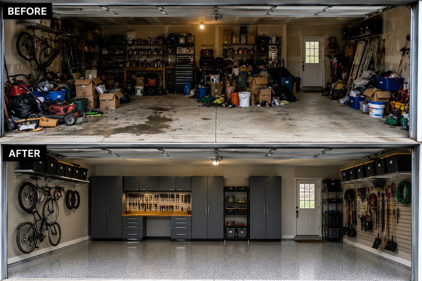 Garage transformation — before and after a full cleanout, organization, and polyaspartic floor coating by Apex Garage & Exterior Solutions